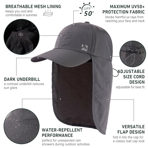 TOP-EX L/XL/XXL UV50+ Waterproof Neck Flap Baseball Sun Cap - color: Dark Grey, size: X-Large