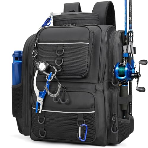 WANOON Fishing Backpack, fishing bag with Rod Holders. Large tackle Backpack Strong Materials - color: Black, size: 42L-Without Tackle Boxes