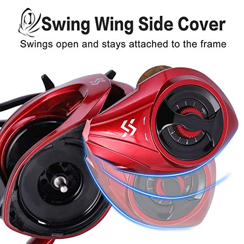 Sougayilang Baitcasting Reels, 8:1 Gear Ratio Fishing Reel with Magnetic Braking System Casting Reel, 9 + 1 Ball Bearings Super Smooth Anti-Corrosion Baitcaster Reel - color: Energy Red-Left
