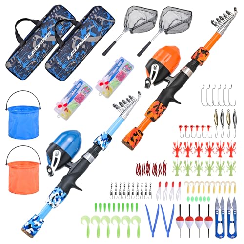 LEOFISHING 2 Set Kids Fishing Pole Set with Full Starter Kits Portable Telescopic Fishing Rod and Reel Cambos with All The Necessary Fishing Kits for Boys Girls and Youth