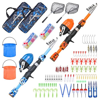 LEOFISHING 2 Set Kids Fishing Pole Set with Full Starter Kits Portable Telescopic Fishing Rod and Reel Cambos with All The Necessary Fishing Kits for Boys Girls and Youth