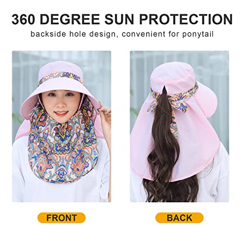 Women Wide Brim Face Mask Sun Hat Detachable Neck Face Flap Ponytail UV Protection Visor Hat Garden Fishing Hiking - color: M9099-xueyafen