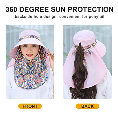 Women Wide Brim Face Mask Sun Hat Detachable Neck Face Flap Ponytail UV Protection Visor Hat Garden Fishing Hiking - color: M9099-xueyafen