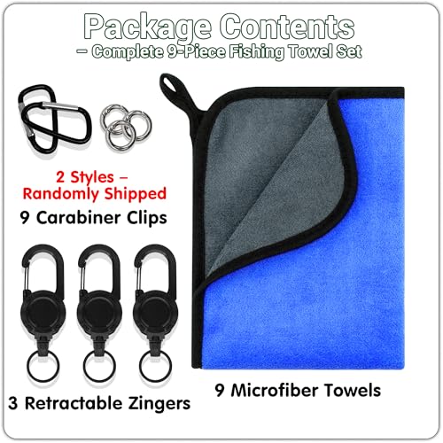 mayoken® 9 Pack Blue Fishing Towels with Clips & Zinger Retractors, Quick-Dry Absorbent Microfiber Bait Towels for Fishing, Boating, Kayaking, Camping & Hiking - color: 9pcs-blue