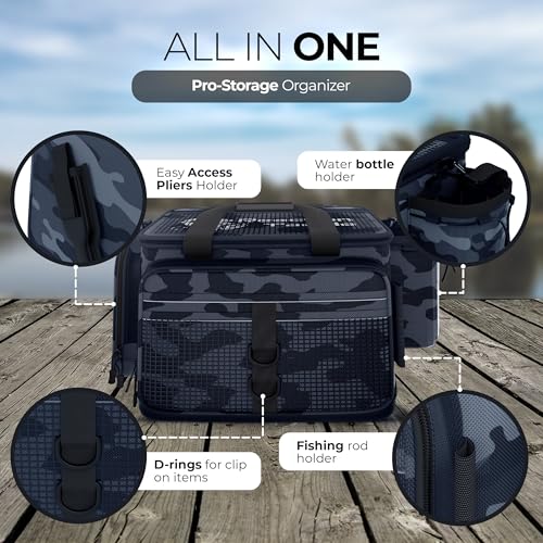 Reaction Tackle Camo Fishing Tackle Bag, Water Resistant Soft Tackle Storage Bag with Removable Dividers for 3600 and 3700 Trays