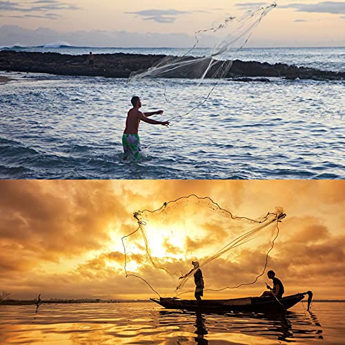 Lucky Monet 10/12/13.3/15ft Radius Large American Saltwater Fishing Cast Net for Bait Trap Fish, Easy Throw Thicken Nylon Line w/Upgraded Steel Chain Sinker, 5/8 Inches Mesh Size - size: 12FT Radius