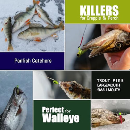 150/160/170Pcs Ice Fishing Jigs Lures Soft Plastic Worm Baits Kit, Micro Glow Winter Jig Heads Hooks for Walleye Crappie Panfish Trout, Ice Fishing Gear Equipment Tackle Accessories