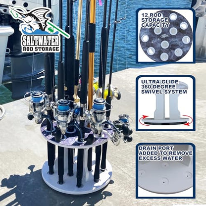 Rush Creek Creations Reel Salty 12-Rod Marine Grade Saltwater Spinning Fishing Pole Holder, Waterproof Round Fishing Rod Holder with 360° Access, Gray/White
