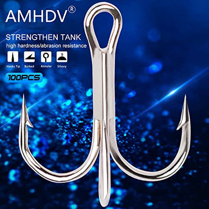AMHDV 100pcs Treble Hooks Barbed Sharp Treble Hook for Freshwater and Saltwater - color: Silver, size: 2# 100pcs