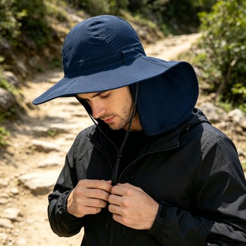 2Pack Sun Hat for Men Women with Neck Flap | UPF 50+ Wide Brim and Ponytail Hole Hiking Fishing Bucket Hat - color: 2pcs-navy&green