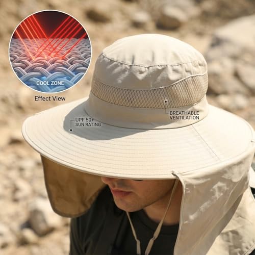 HUAMULAN Men Summer Sun Hat Women Safari Wide Brim Fishing Hats UV Protection Neck Flap Bucket Gardening Hiking Hunting Cap - color: Beige