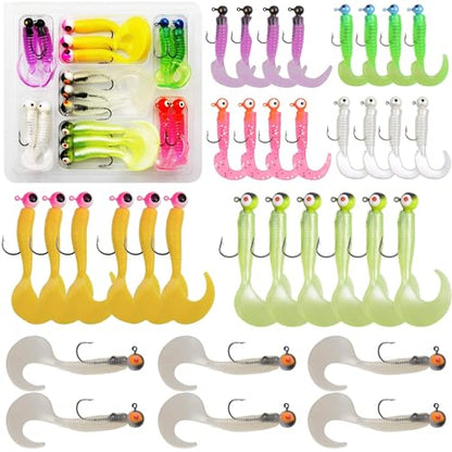 Soft Plastic Fishing Lure Jig Head Hook Kit,Grub Worm Lures Crappie Jigs Head Grub Tail Swimbait Tube Bait Jigs for Saltwater Freshwater, Trout Crappie Fishing - color: 17PCS Sets (2 Packs)