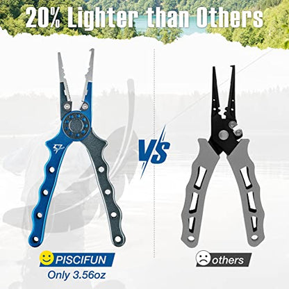 Piscifun Saltwater Fishing Pliers, Aluminum, Split Ring, Braid Cutter | Hook remover, tungsten carbide blade, spring-loaded jaws, ergonomic grip, sheath and lanyard - color: Blue, style: Nylon Sheath