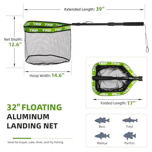 AluFloat X1 Fishing Net with Handle (Fish Net) - Floating Foldable Rubber-Coated Deep Mesh Landing Net for Bass & Fly Fishing - Fishing Gear, Kayak Accessories, Fishing Accessories - color: dark green