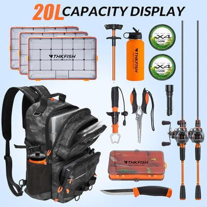 THKFISH Fishing Backpack Tackle Sling Bag, 20L Tackle Backpack with Rod Holder Store Fishing Gear, Gifts for fishermen - color: Black Camo