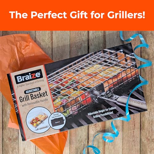 Adjustable Grill Basket with Removable Handle – 4 Height Levels for Vegetables, Meat, Fish & More – Locking Lid - Basting Brush, Scrub Sponge & Storage Bag for Outdoor Cooking - size: Adjustable w/ Sponges