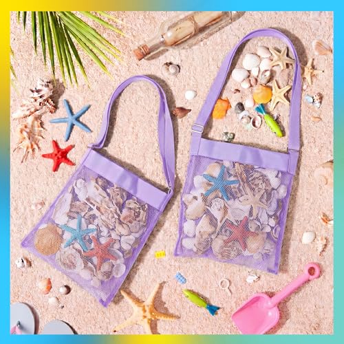 VioraWhite 2 Pcs Extra Large 14 x 16inch Clam Mesh Chum Beach Bags for Seashells Clams Treasures Sand Away Foldable Shell Collection Bags with Adjustable Straps (Purple) - color: Purple