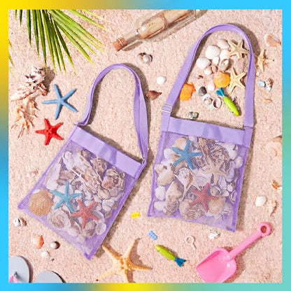 VioraWhite 2 Pcs Extra Large 14 x 16inch Clam Mesh Chum Beach Bags for Seashells Clams Treasures Sand Away Foldable Shell Collection Bags with Adjustable Straps (Purple) - color: Purple