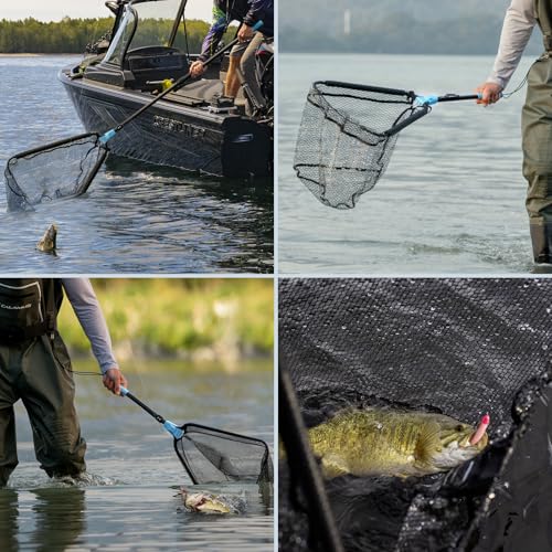 Calamus Triangle Fishing Net, Foldable, Lightweight & Strong Landing Net with Non-Slip Elastomer Handle, Built-in Elastic Lanyard and Belt Clip, Fishing Gear - Gift for Men - style: 31" Full - Floating Net (Fixed Pole)