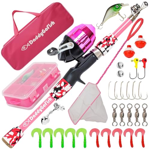 DaddyGoFish Kids Fishing Pole - Rod Reel Combo Tackle Box Starter Set - First Year Small Gear Kit for Boys Girls Toddler Youth Age Beginner Little Children - color: Pink (Essential Set), size: 4ft