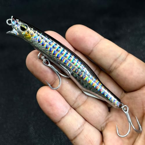 Saltwater Fishing Lures Kit, 3pcs Fishing Sriper Lures Minnow Lures Deep Diving Jerkbait, Crankbait Popper Plugs Hardbaits with Treble Hooks for Inshore Offshore Ocean Sea Fishing (A1-3.7'' 0.75oz)