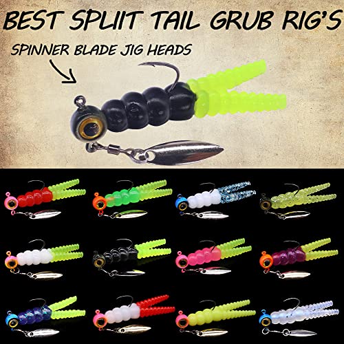 Crappie Jigs and Lures Kit -135 & 40 Piece Set with Plastics, Jig Heads, Split-Tail Grub Baits - Perfect for Crappie Fishing, Panfish Lures - color: Split-Tail Grub 135 pc.KIT