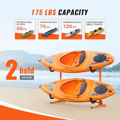 VEVOR Kayak Storage Rack, Heavy Duty Adjustable Freestanding Stand with Lockable Wheels for Indoor Outdoor Garage Shed Dock, Holder for Canoe, SUP, Surfboard & Paddleboard - style: Freestanding-2 Kayaks-orange