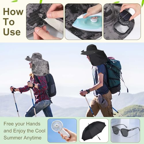 Maiteenly 2 Pcs Solar Fan Hat for Men with Neck Flap Bucket Fan Buit in Hats for Hiking Fishing Outdoor USB and Solar Powered - color: Dark Gray,black