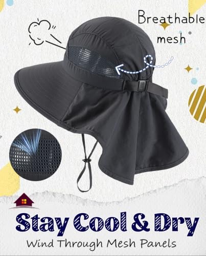 Home Prefer UPF50 Wide Brim Kids Sun Hat Neck Flap Boys Girls Sun Protection Hat for Beach Fishing - color: Dark Grey, size: 4-8 Years