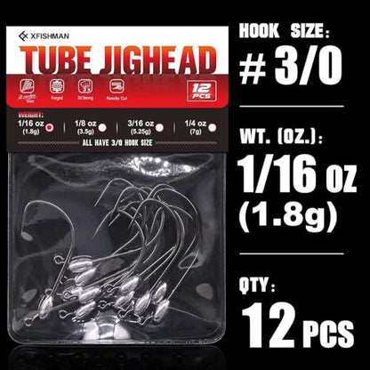 XFISHMAN-Tube-Jig-Heads-for-Bass-Fishing-Tube-Bait-Hooks 1/16oz 1/8oz 3/16oz 1/4oz (12-Pack) - color: 3/0 Hooks, size: 1/16oz (12-Pack)