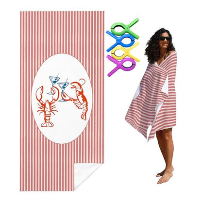 Pink Striped Red Lobster Print Beach Towel with Clips Set - Preppy Summer Coastal Funny Lobster Print Large Sand Free Towel 30x60 Inch for Beach Camping Swim Pool Gym Sports & Yoga - color: Btowels08