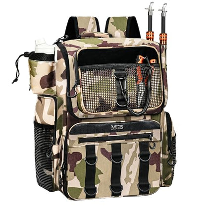 MGB 46L Fishing Tackle Backpack with 2 Rod Holders & YKK Zipper Storage Fishing Gear and Equipment, Gifts for Men Father - color: Brown Camo（without Tackle Box）