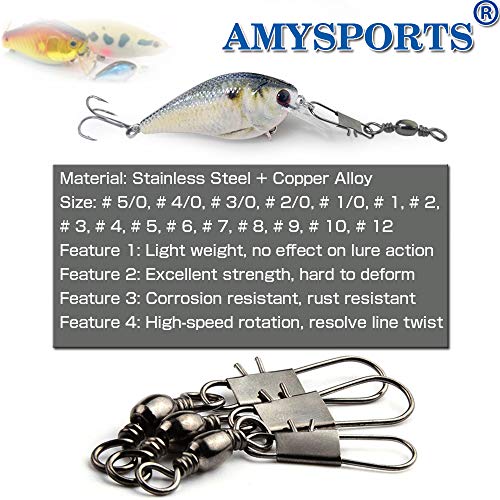 AMYSPORTS Fishing Tackle Barrel Swivel Snap High Strength Snap Swivel Saltwater Stainless Steel Fishing Barrel Snaps Interlock Snaps Freshwater Leader Lure Connnector Accessories - size: Size2 (55lb) 50 pcs