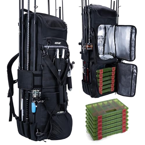 Goture 61L Large Fishing Backpack Tackle Bag, 3-Layer with 6 Tackle Boxes Included with Insulated Cooler Compartment & Expandable Mesh Pocket, Waterproof 600D Tactical Tackle Bag for Outdoor Anglers - color: A2:116L Black (with 6 Tackle Boxes)