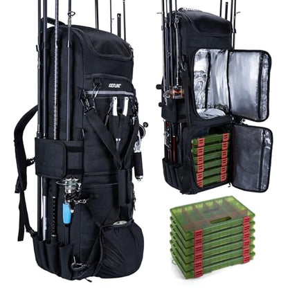 Goture 61L Large Fishing Backpack Tackle Bag, 3-Layer with 6 Tackle Boxes Included with Insulated Cooler Compartment & Expandable Mesh Pocket, Waterproof 600D Tactical Tackle Bag for Outdoor Anglers - color: A2:116L Black (with 6 Tackle Boxes)
