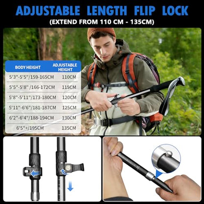 Deepfeel Collapsible Trekking Pole Adjustable Hiking Pole - Aluminum Alloy 7075 Walking Stick with Telescopic & Foldable Tri-fold Design for Travel Camping Climbing Walking - color: Black