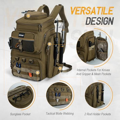 Goture Fishing Backpack, 900D Water-Resistant Tackle Bag with Rod Holders, Insulated Cooler Compartment, 55L Large Capacity Fishing Gear Storage for Saltwater&Freshwater Camping Hiking,Gifts for Men - color: A2:khaki(without Tackle Boxes)