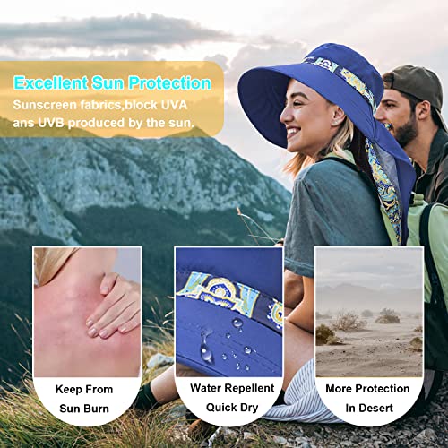 Women Wide Brim Face Mask Sun Hat Detachable Neck Face Flap Ponytail UV Protection Visor Hat Garden Fishing Hiking - color: M9099-navy