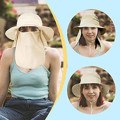 Fishing Hat for Men & Women, Outdoor UV Sun Protection Wide Brim Hat with Face Cover & Neck Flap - color: Beige