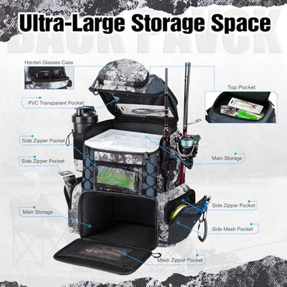Piscifun Fishing Tackle Backpack with Rod Holders & 4 Tackle Boxes, 42L Outdoor Fishing Bag with Waterproof Rain Cover - color: Veil Camouflage