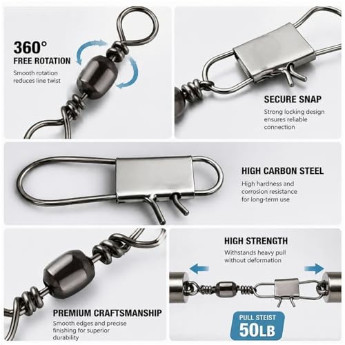 Fishing Swivels Snap Swivels Kit, 100PCS Barrel Swivel with Duo Lock Snaps, Saltwater Freshwater Fishing Connector for Lures, Hooks & Tackle Box