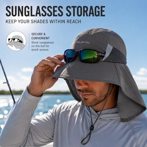 Palmyth Fishing Hat Wide Brim Sun Hat with Neck Flap & Sunglasses Storage | Sun Protection, Adjustable Fit, Breathable Mesh & Sweatband, Foldable, For Men & Women - color: Carbon