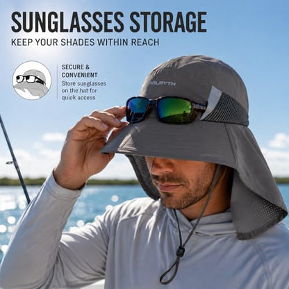 Palmyth Fishing Hat Wide Brim Sun Hat with Neck Flap & Sunglasses Storage | Sun Protection, Adjustable Fit, Breathable Mesh & Sweatband, Foldable, For Men & Women - color: Carbon