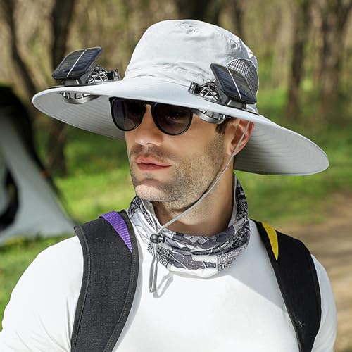 Solar Powered Fan Hat with 2 Fans, Wide Brim Sun Hat for Men Women, Adjustable Cooling Fishing Hat for Outdoor - color: Light Gray