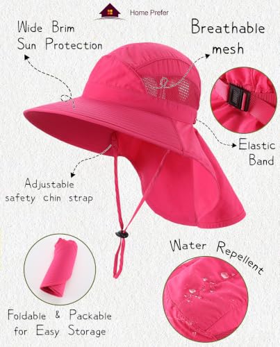 Home Prefer UPF50 Wide Brim Kids Sun Hat Neck Flap Boys Girls Sun Protection Hat for Beach Fishing - color: Hot Pink, size: 2-4T