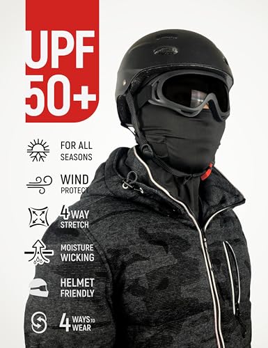 UPF 50+ Balaclava Ski Mask for Men Women - UV Face Mask Motorcycle Shiesty | Windproof, Breathable, Hinge Design, Full & Half Face Coverage, Fits Under Helmet, Snowboarding, Skiing - color: Black
