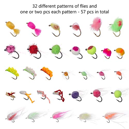 BASSDASH Fly Fishing Flies Kit Fly Assortment Trout Bass Fishing with Fly Box with Dry/Wet Flies, Nymphs, Streamers, Popper - style: 57pcs Barbed Steelhead/Salmon/Trout Flies