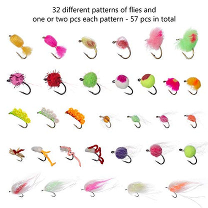 BASSDASH Fly Fishing Flies Kit Fly Assortment Trout Bass Fishing with Fly Box with Dry/Wet Flies, Nymphs, Streamers, Popper - style: 57pcs Barbed Steelhead/Salmon/Trout Flies