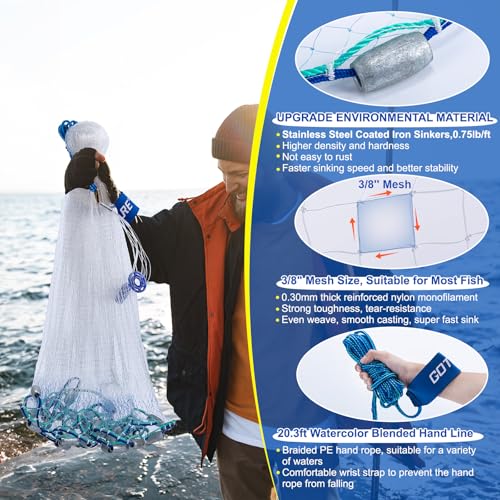 Goture American Fishing Cast Net Saltwater Freshwater,3/8in Mesh Size Casting Net for Bait Fish Shrimp Trap,Heavy Duty Sinkers Dual Color Double Selvage,4ft Radius Throw Cast Net with Needle
