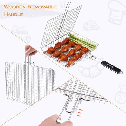 Portable Grill Basket, EISINLY BBQ Grilling Basket for Outdoor Grill with Removable Handle, Stainless Steel Camping Cooking Grill Accessories for Chicken Fish Vegetable